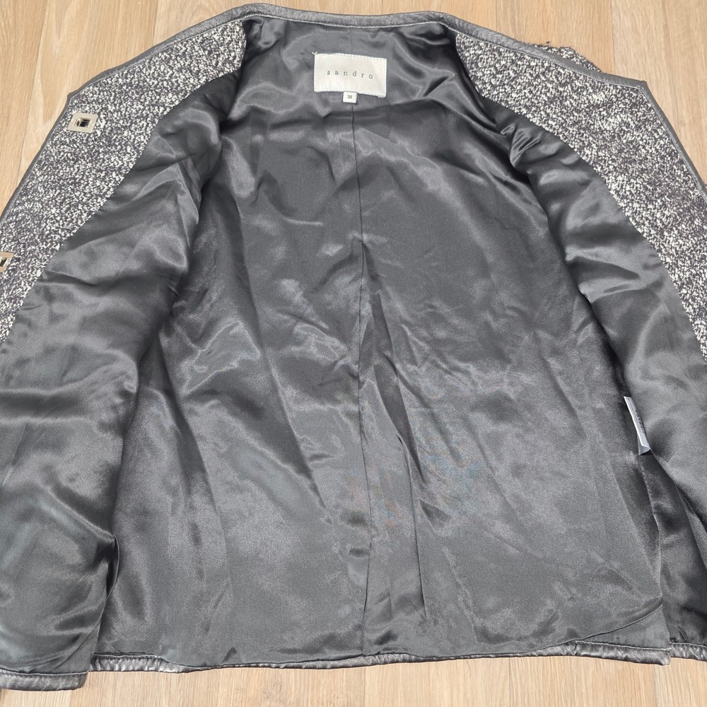 Sandro Tweed Jacket Black White Leather Trim Blazer Women‎ Size 36 - Picture 9 of 11